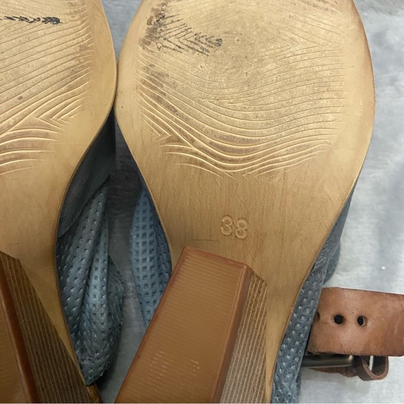 Miz Mooz Kona Tan Blue Perforated Leather Slingback Wedge Heeled Sandals - Picture 7 of 7